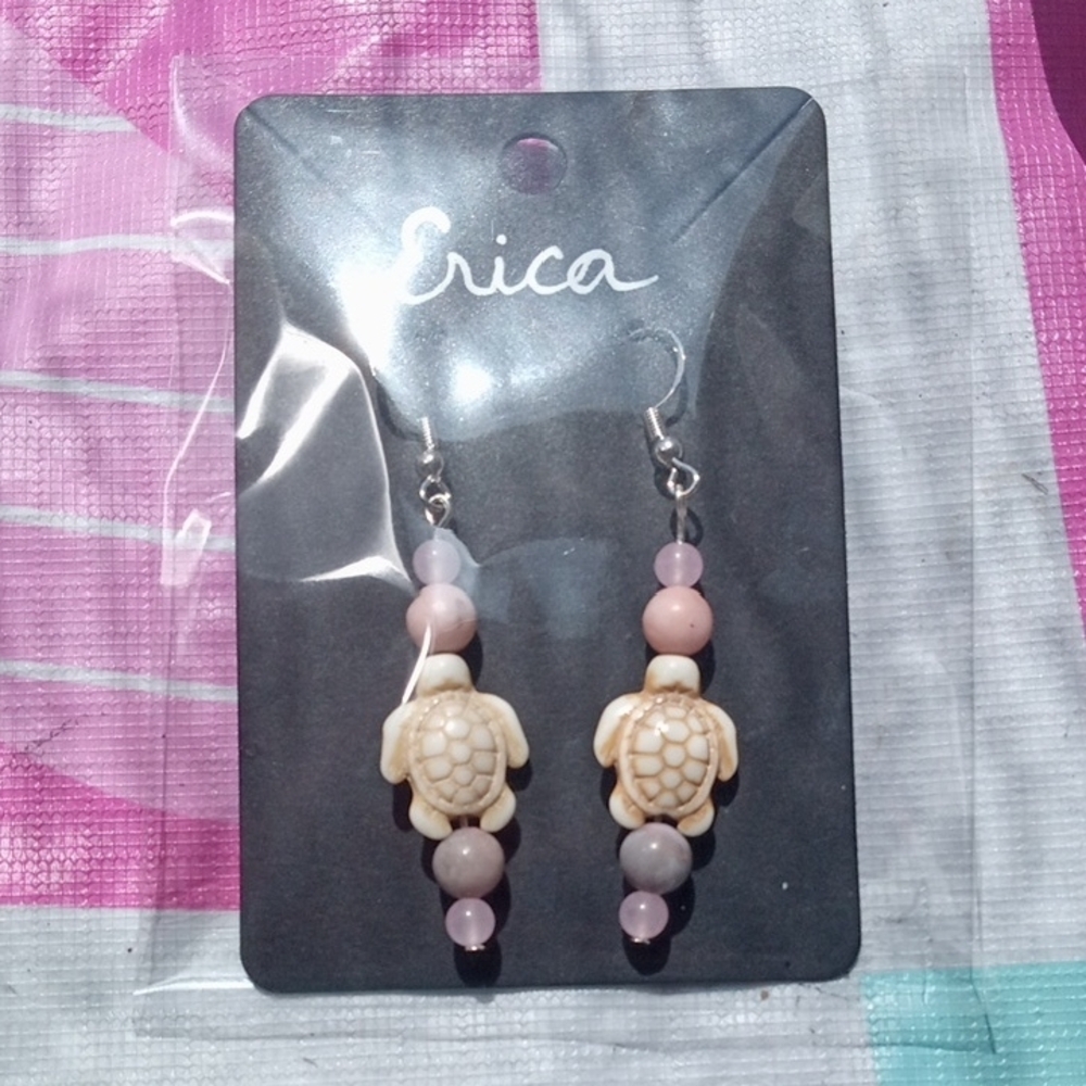 Cream and Pink Dangle Earrings with Turtle Beads